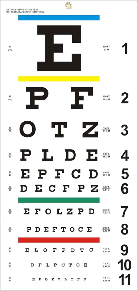 Silmakaart, täiustatud Snellen Eye Chart silmaeksamite jaoks 20 jalga, 22x11 tolli plastikust madala nägemisega silmakaardid seinakaart koos metallist silmaümbrisega lastele kingituste seina kaunistamiseks (20 jalga testi kaugus)
