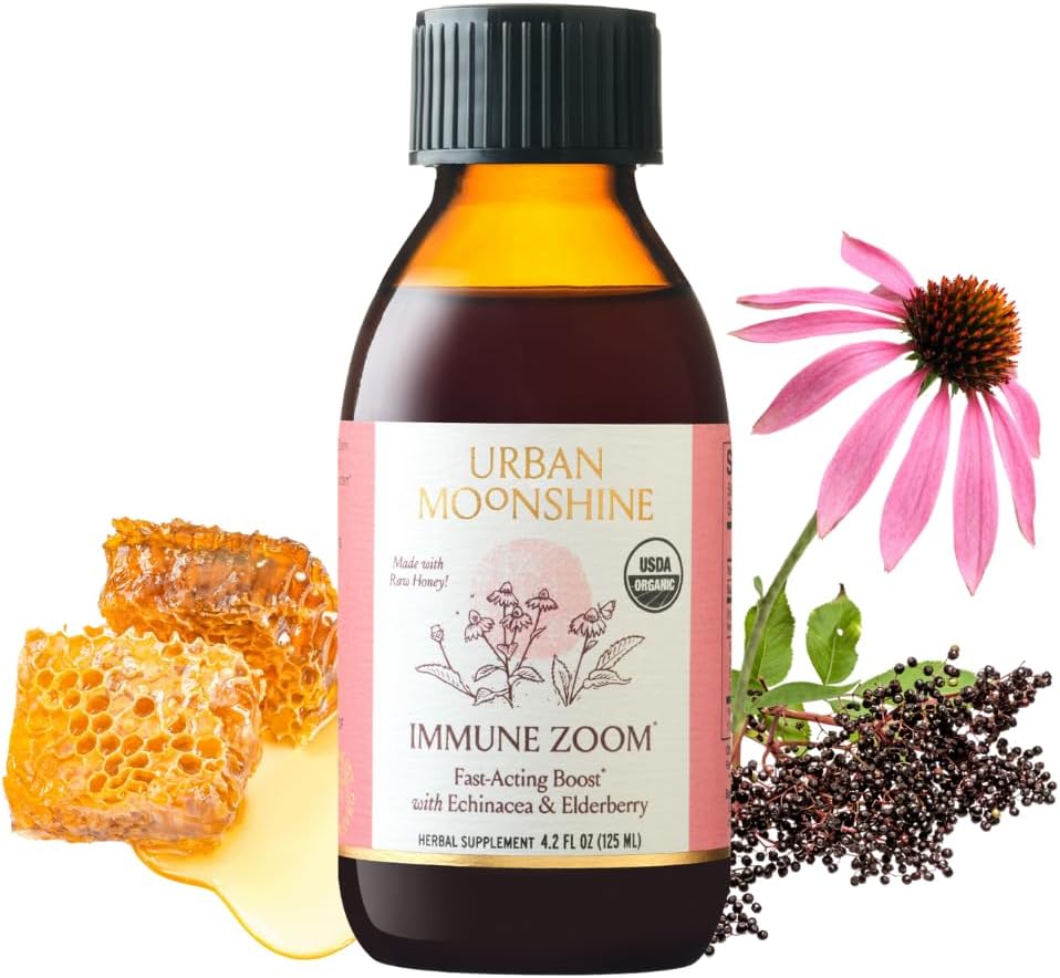 Urban Moonshine Immune Zoom - Fast Acting Immunity Boost - Organic Elderberry Syrup - Echinacea - Toores Honey - Certified Organic - Natural - 4, 2 Fl Oz