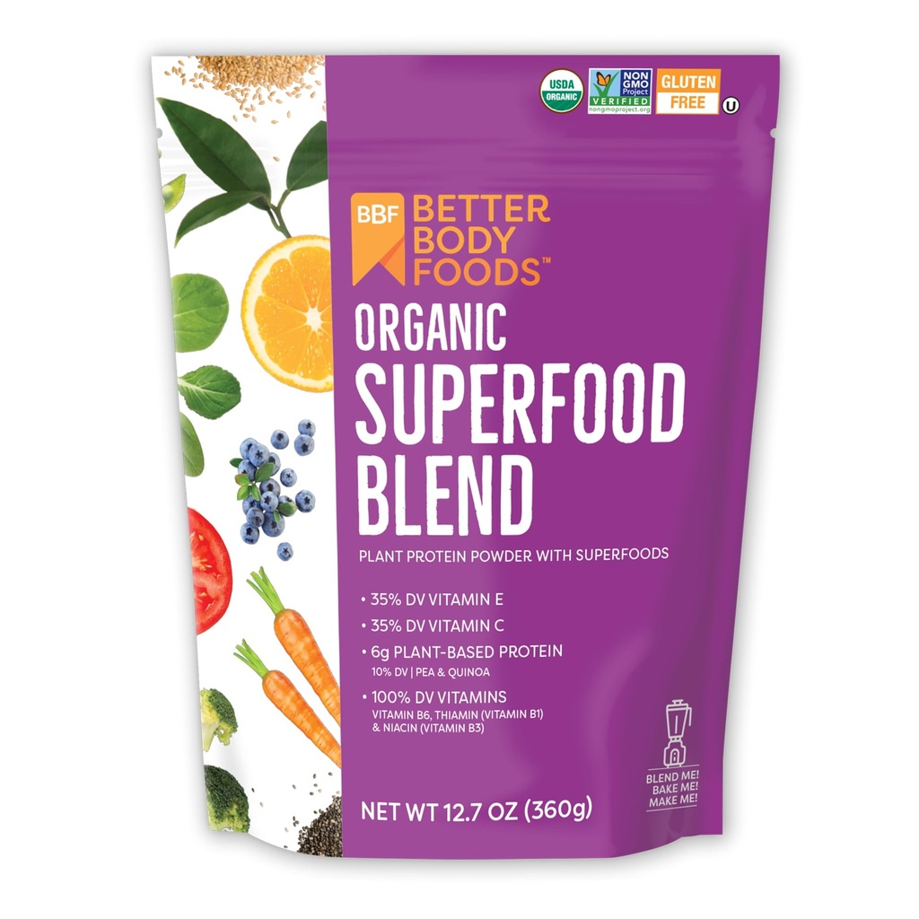 BetterBody Foods Orgaaniline supertoidupulber valgu, C-, E- ja B12-vitamiinidega (12,7 oz.)