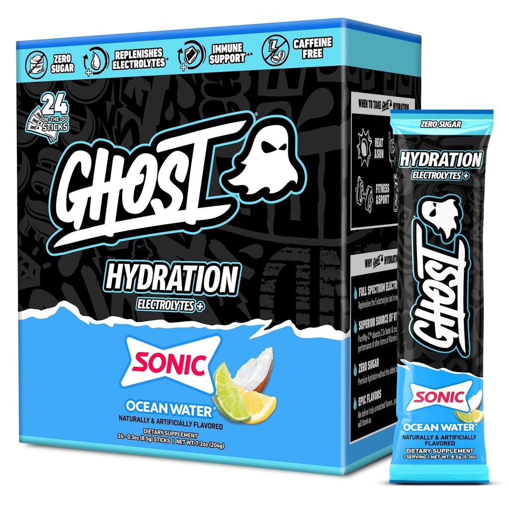 GHOST Hüdratsioonipaketid, Sonic Ocean Vesi, 24 pulgad, elektrolüütide pulber - joogisegu lisandiga magneesium, kaalium, kaltsium, C-vitamiin - Vegan, soja, suhkru ja gluteeni vaba