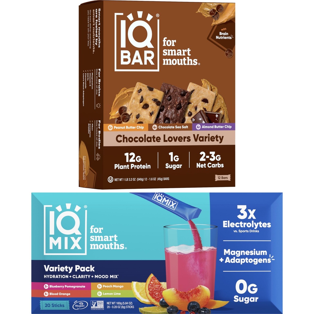 IQBAR Aju ja Keha Keto Protein Bars - 12 Count Chocolate Lovers Variety Low Carb, Vegan Bars & IQMIX Sugar Free Electrolyte Pulber Packs - 20 Count Variety Pack Keto Elektrolüüdid Lions Mane