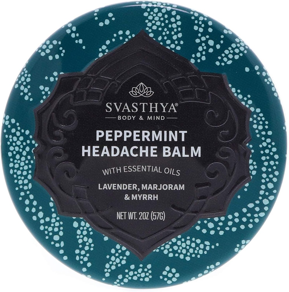 Svasthya Body & Mind Peppermint Headache Balm by Svasthya - Instant & Lasting Sinus, Migreen & Stress Peavalu Relief, Has Peppermint, Lavendel, Marjoram, Myrrh - 100% Natural, Made in USA, 2 oz