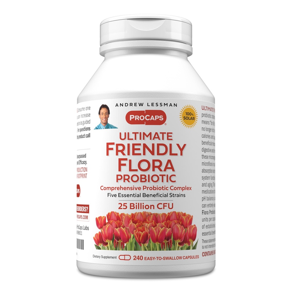 ANDREW LESSMAN Ultimate Friendly Flora probiootikum 240 kapslit - 25 miljardit CFU, viie probiootilise tüve põhjalik segu, võimas immuunsus ja seedetrakti tugi. Probiootikumid naistele ja meestele