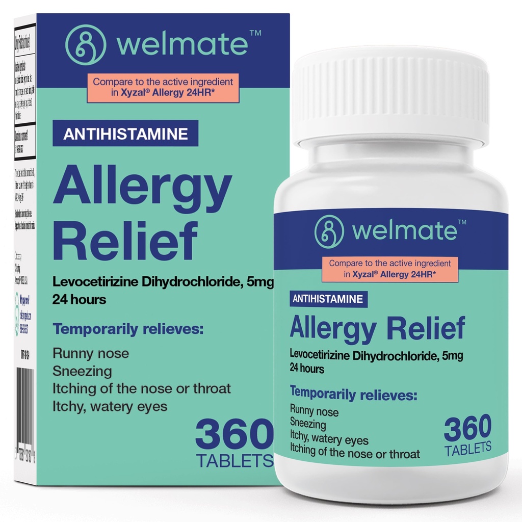 WELMATE - Levotsetirisiin Dihüdrokloriid 5mg (360 ct) - Mitte-uimane allergia Meditsiin - 24 tundi - Antihistamiin - Generaalne allergia pillid - Üle-The-Counter ravim