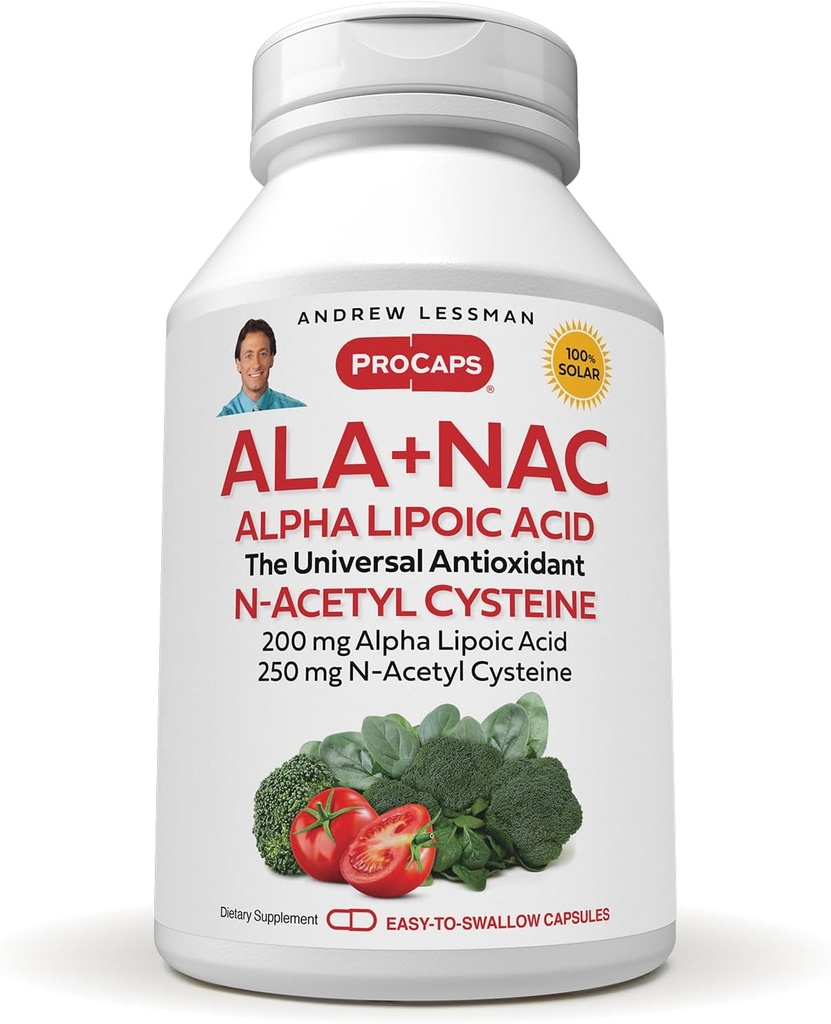 ANDREW LESSMAN ALA + NAC Alpha Lipoic Acid koos N-atsetüül-tsüsteiini 180 kapslitega - Ultra-High Potency, Anti-Oxidant Support närvisüsteemi, südame, aju, maksa, neerude, kopsude, energia. Ei mingeid lisaaineid