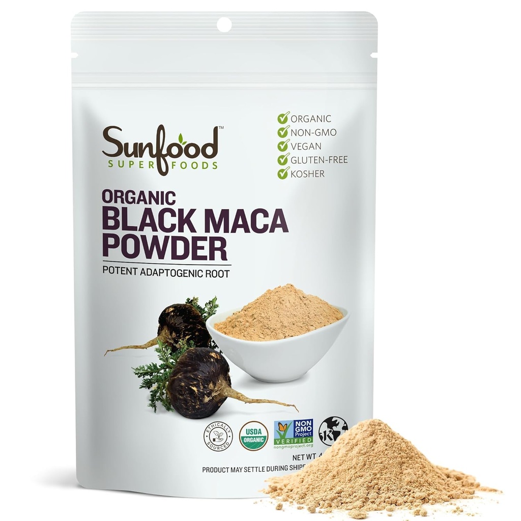 Päikesetoidud Superfoods Orgaaniline Black Maca Powder - Black Maca Root Powder, Black Maca Juur meestele ja naistele, Peruu, Toores, Vegan, Premium Black Maca Powder - 4 oz Bag