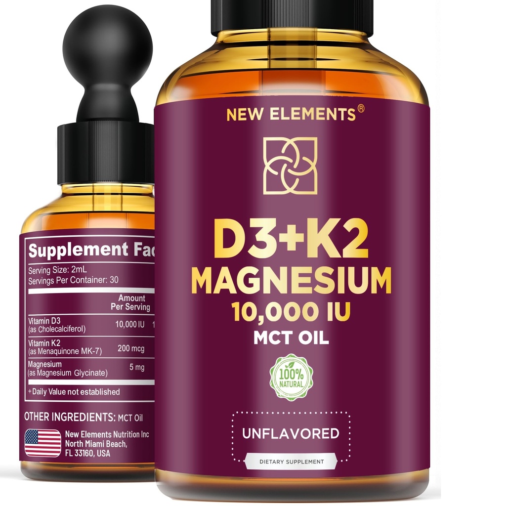 Vedel D3-vitamiin K2-ga ja magneesiumglütsinaat | D-vitamiin langeb 10 000 RÜ | K2-vitamiin 200mcg Mk7 | D3-vitamiin + K2-lisand meestele ja naistele | Suur imendumine | MCT-õli | Gluteenivaba | Mitte-GMO
