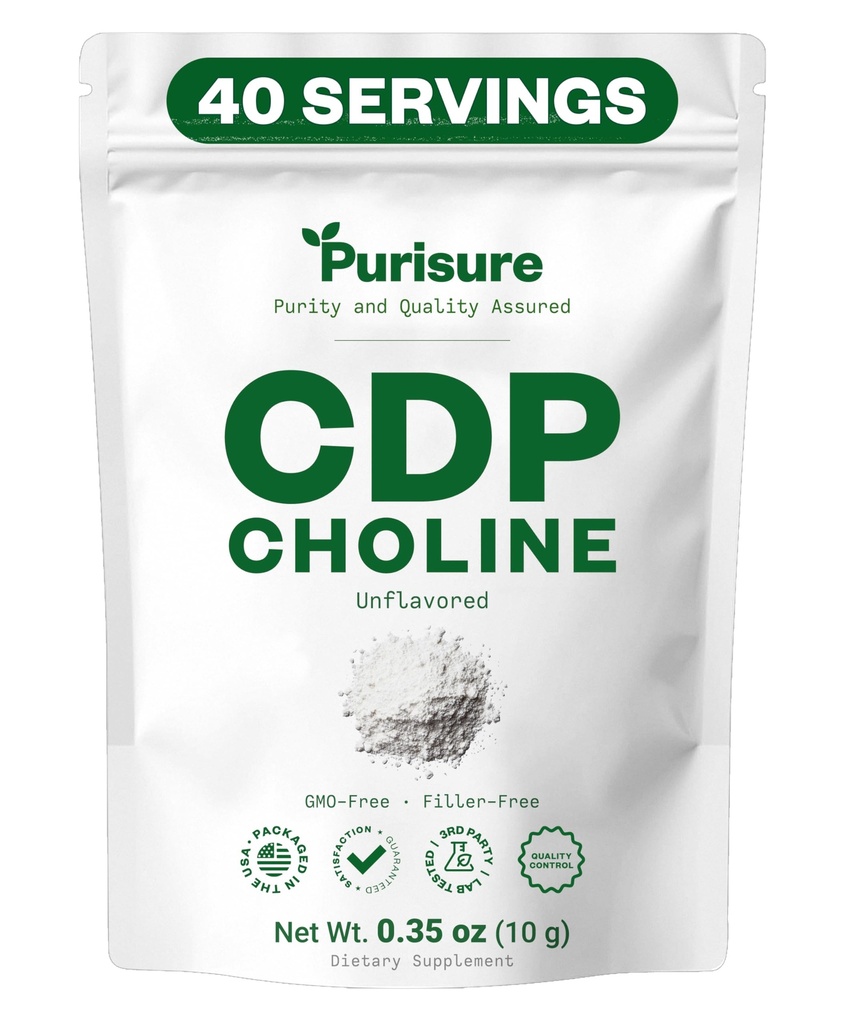 Purisure CDP koliinipulber, 10 g, CDP koliinilisandid, mis toetavad tähelepanu, keskendumist ja energiat, tsitikoliinipulber kognitiivse funktsiooni jaoks, suurendab motivatsiooni ja tootlikkust, 40 teenust