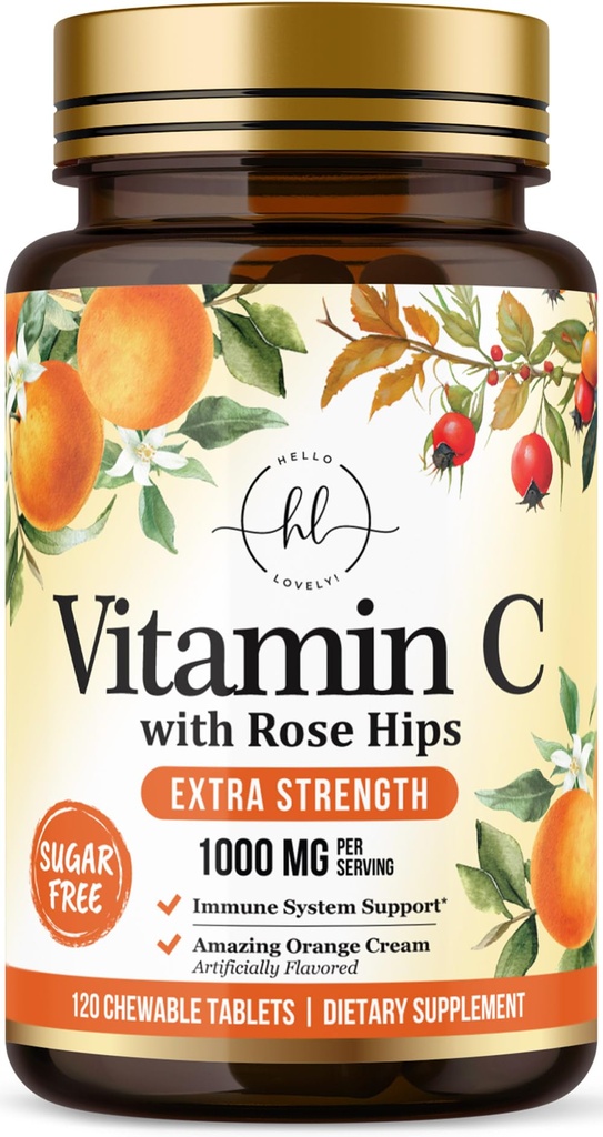 C-vitamiini lisa 1000mg - ekstra tugevus koos Rose Hips Bioflavonoids - suhkruvaba C-vitamiini närimistabletid, Looduse Vit C immuunkaitse ja antioksüdantide kaitse - 120 närimistabletid
