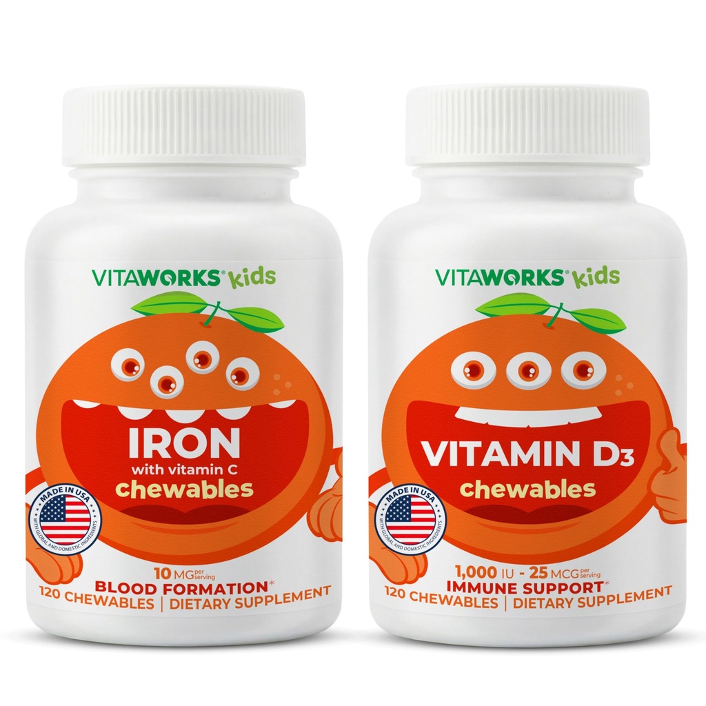 Lapsed Raud 10mg + C-vitamiini närimistabletid + D3-vitamiin 1000 RÜ närimistabletid Bundle