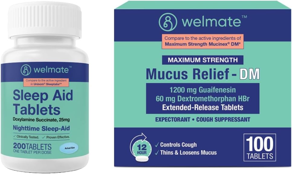 WELMATE Cold & Flu Nighttime Relief Bundle: Mucus Relief DM 1200mg Guaifenesin & 60mg DXM (100 Ct) köha ja ummikute leevendamiseks + Doxylamine Succinate 25mg Sleep Aid (200 Tablets)