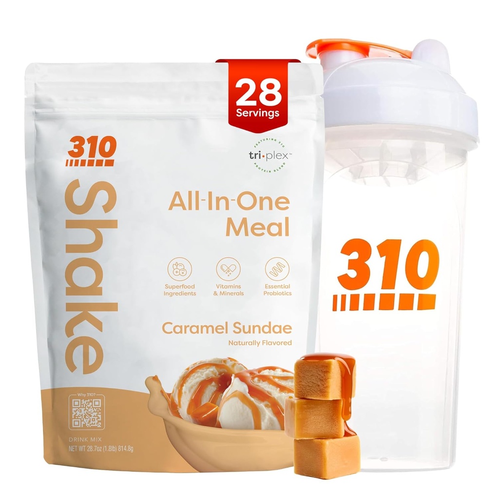 310 Toitumine All-in-One Meal Asendage Shake Pulber w / Shaker Cup Starter Kit - kõrge valgu kiud rikas Vegan Superfood Blend - Sugar-Free, Keto & Paleo Friendly, Low Carb - Caramel Sundae 28 srv