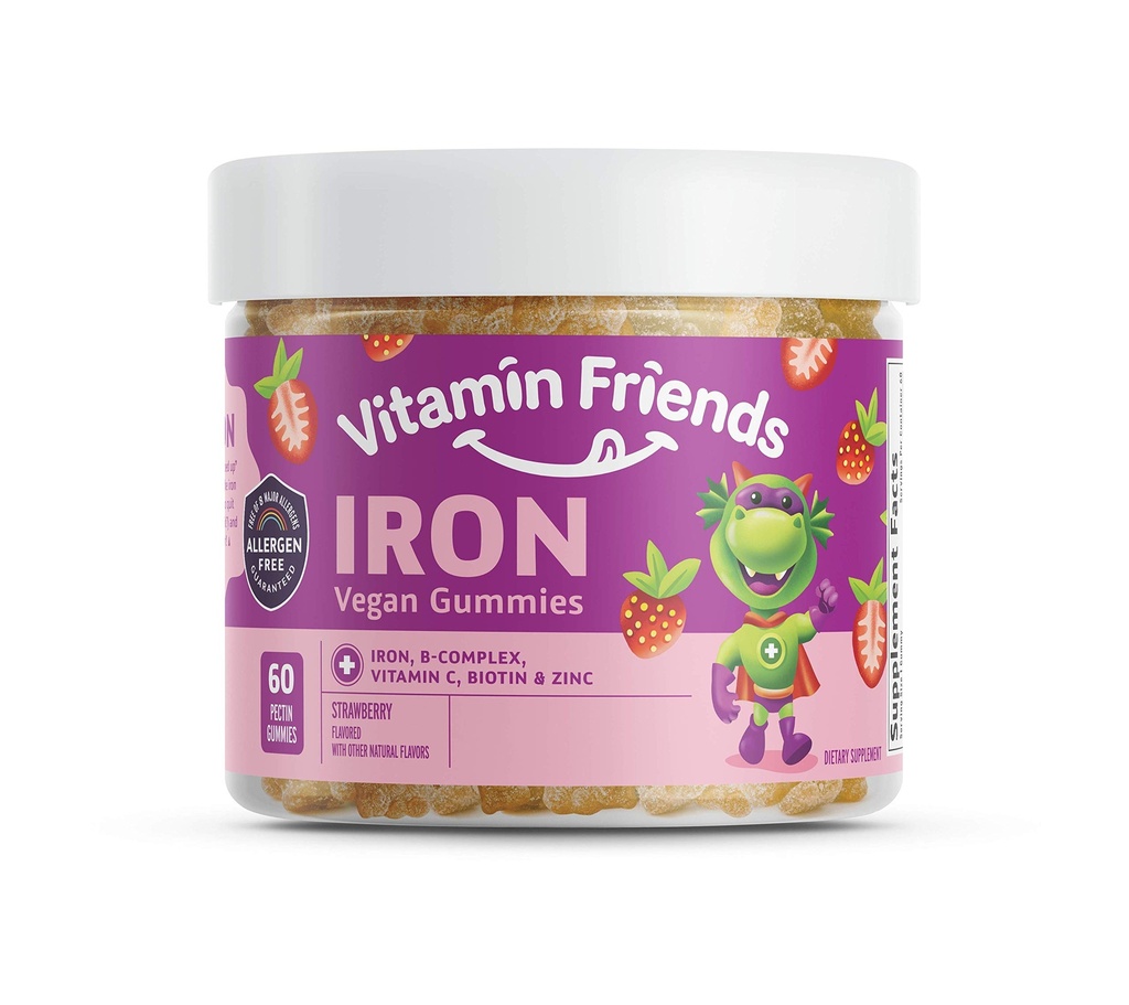 Vitamiin Sõbrad - Vegan Multivitamiin & Raud lastele - Daily Nutritional Support Gummies w / Raudfumaraat B-kompleks, Vitamiin C, tsink, Biotiin - keha funktsioon ja aneemia - maasikas, (60 päeva pakkumine)