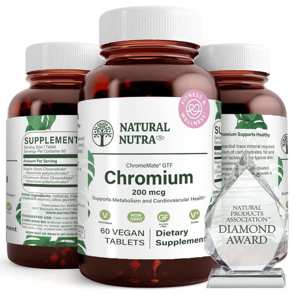 Natural Nutra GTF Chromium Polynicotinate ChromeMate, toetab keha ainevahetust, edendada keha tervist, südame-veresoonkonna tervist 200 mcg, 60 vegan tablette
