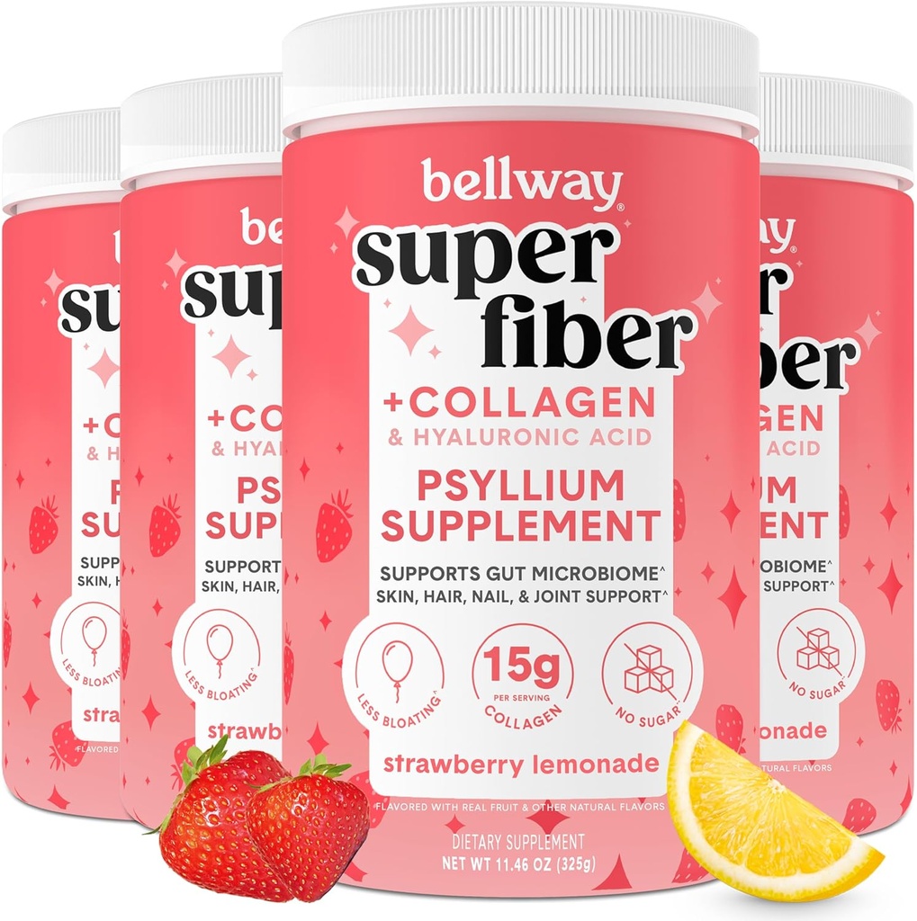 Bellway Super Fiber Pulber + kollageen (4 Pack), Suhkruvaba Psyllium Husk Pulber kollageeni peptiididega soolestiku tervise, tervisliku naha, küünte, luude ja liigeste jaoks, maasika limonaadi (45,84 oz)