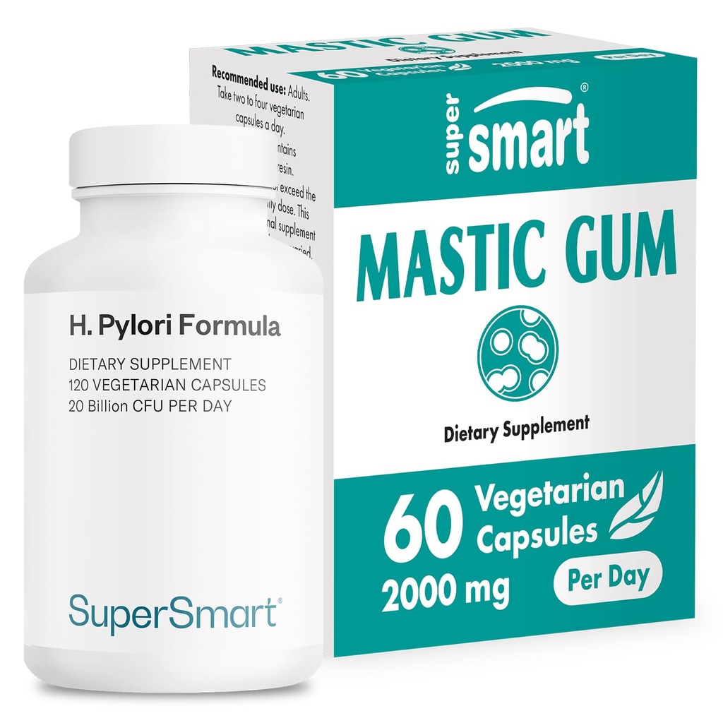 Supersmart - H. Pylori Formula Bundle (täielik tegevus) - probiootiline L. Reuteri w/Mastic Gum | Mitte-GMO & Gluteenivaba - 60x2 & 120 taimekapslid