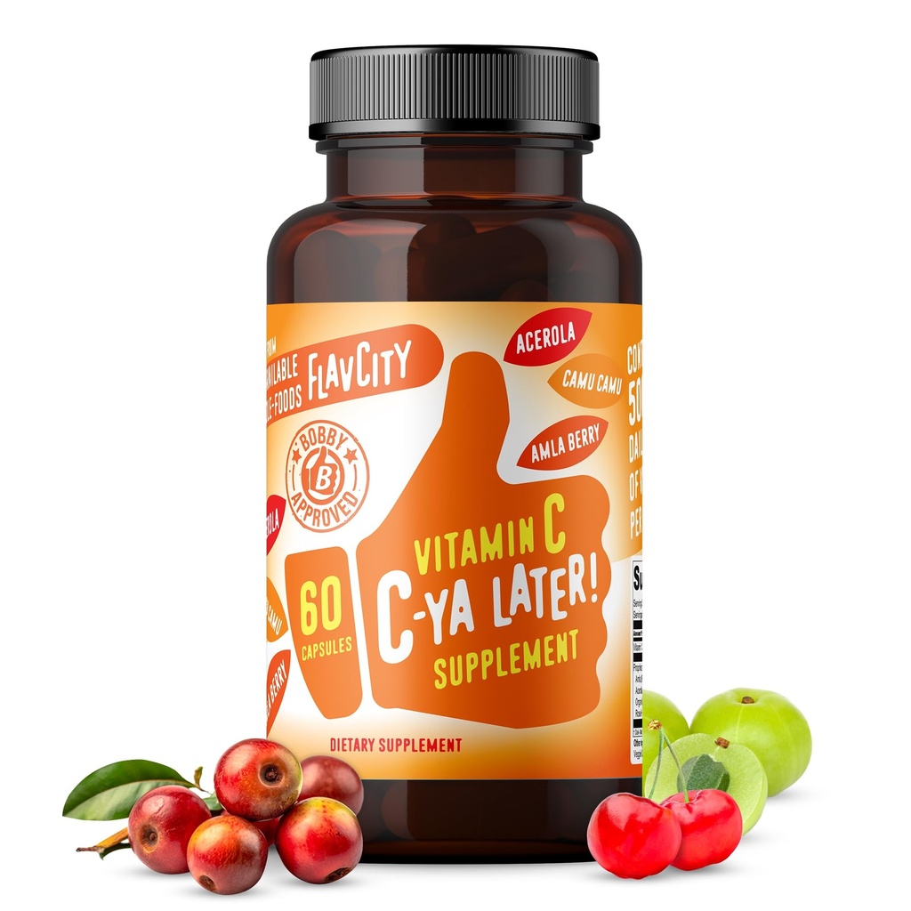 FlavCity C-vitamiini täiendus, C-Ya hiljem! Superfood-Derived Immunity Support - Biosaadav C-vitamiini immuuntoetus Acerola kirss, Rose Hips & Camu Camu - 500% päevasest väärtusest (60 kapslit)