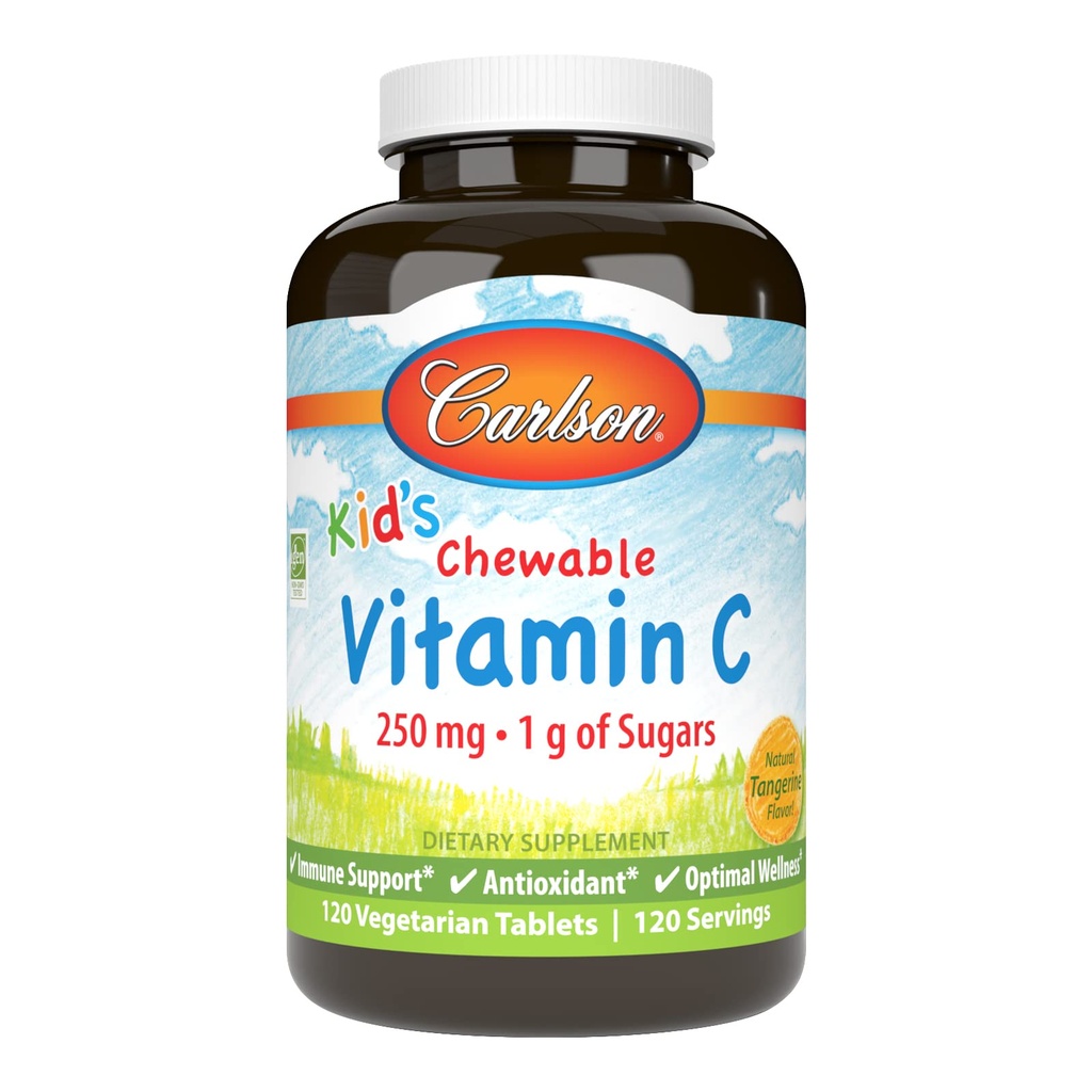 Carlson - lapse närimiskõlblik C-vitamiin, 250 mg, 1 g suhkruid, immuunsuse tugi ja optimaalne heaolu, antioksüdant, mandariin, 120 taimset tabletti