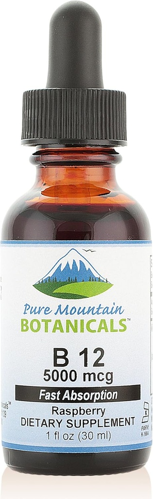 Pure Mountain Botanicals B12 Vitamiin 5000 mcg - Kosher B12 tilgad 1oz pudelis loodusliku marjamaitsega