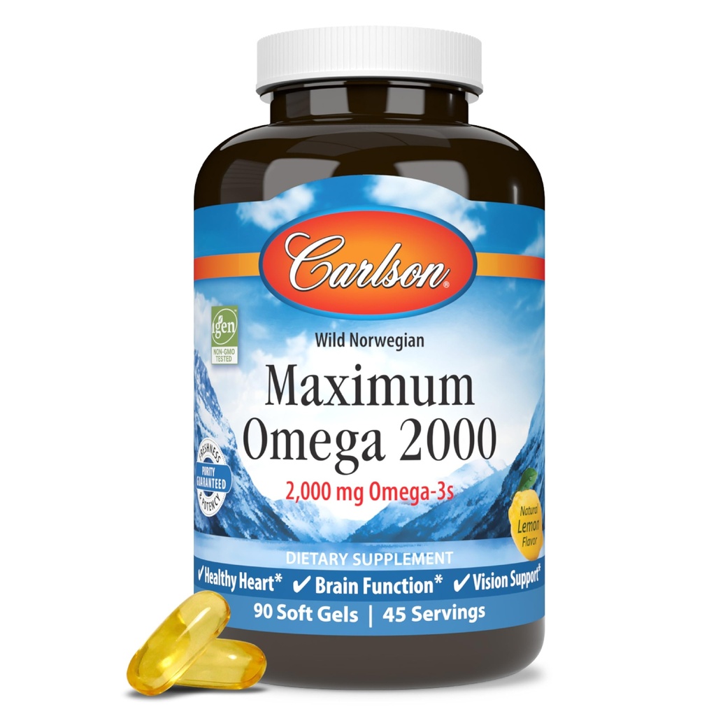 Carlson - Maksimaalne Omega 2000, 2000 mg Omega-3s, Tervislik süda, Ajufunktsioon & Vision Support, Sidrun, 90 pehmet geeli