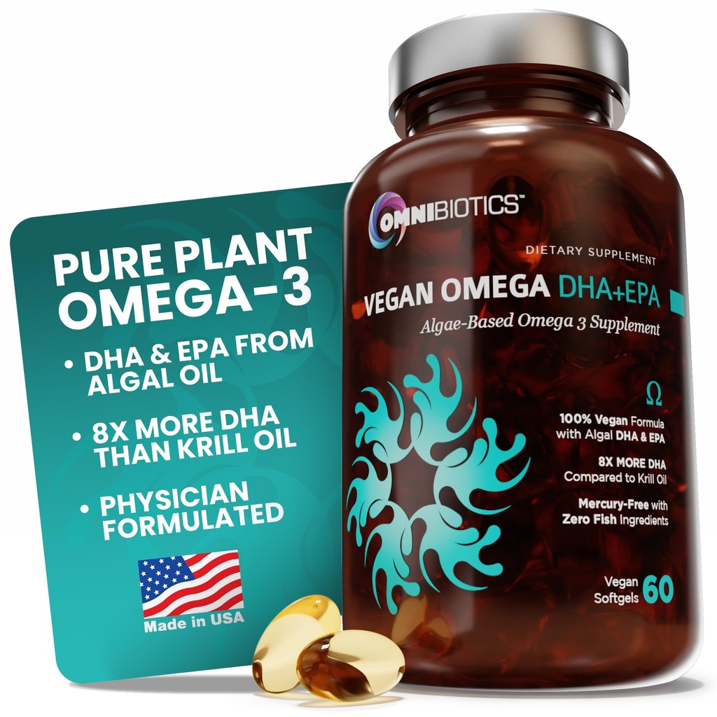 OmniBiotics Vegan Omega 3 DHA EPA täiendus - MD-sertifitseeritud sünnieelne täiendus 8X rohkem DHA kui krilliõli, kalavaba, mitte-GMO - 60 vegankapslit