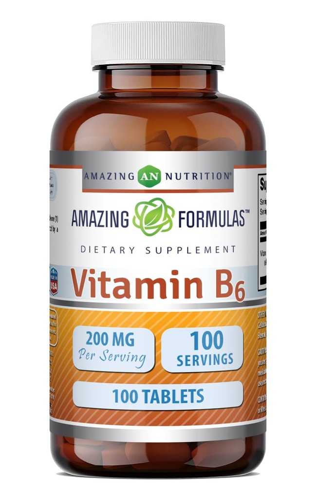Hämmastav valem Vitamiin B6 Püridoksiin 200mg 100 tablettide täiendus | Mitte-GMO | Gluteenivaba | Valmistatud USA-s