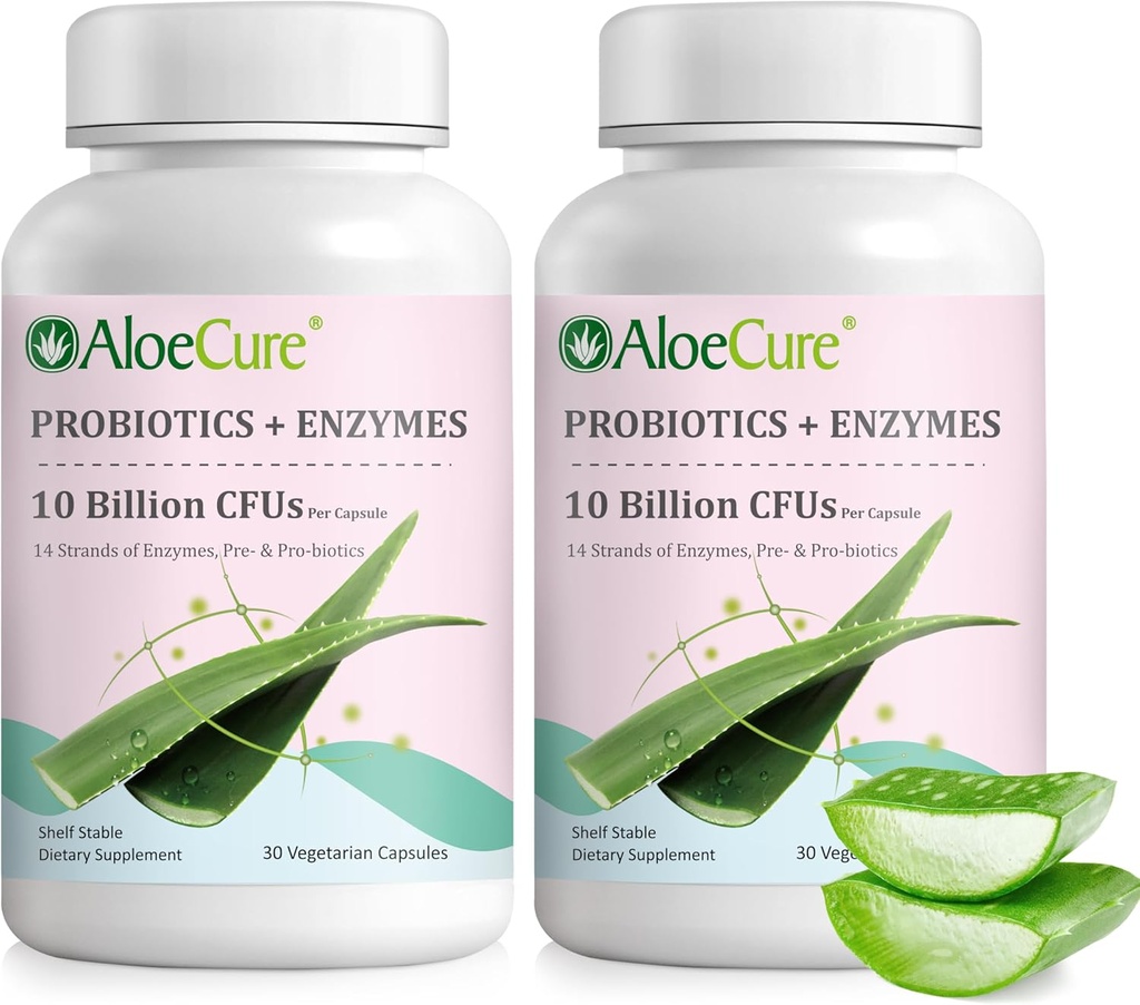 AloeCure Daily Probiootikumid 10 miljardit CFU seedetrakti toetuseks 8 tüved, 6 prebiootikumid ja ensüümid - seedetrakti lisand bromelainiga naistele ja meestele - soolestiku tugi, seedetrakti leevendus, 30 kapslit x 2btl
