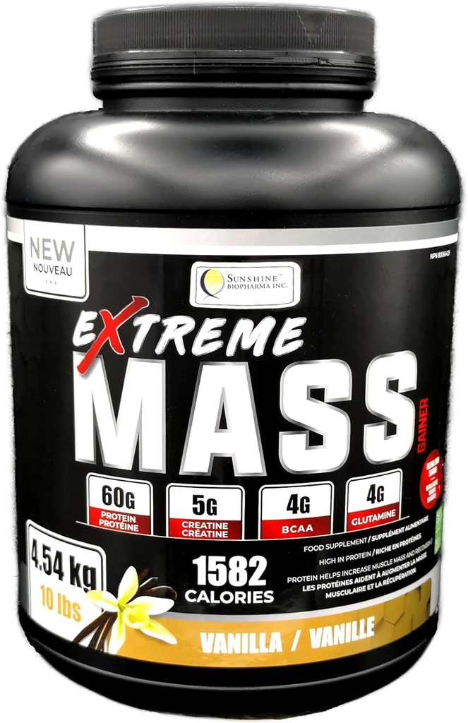 Extreme Mass Mass Gainer Lihaste Ehitaja, 10 lb (4,54 kg) vähem suhkrut intensiivne treening valmistatud kõrge kalorsusega rikastatud vadakuvalk (Vanilla)