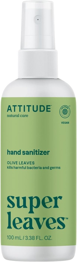 ATTITUDE Hand Sanitizer Spray, EWG Verified, Kills Germs & Bakterid, Vegan & Plant-Based, ohutu täiskasvanutele ja lastele, Oliivilehed Lõhn, 3.38 Fl Oz (Spray Bottle)