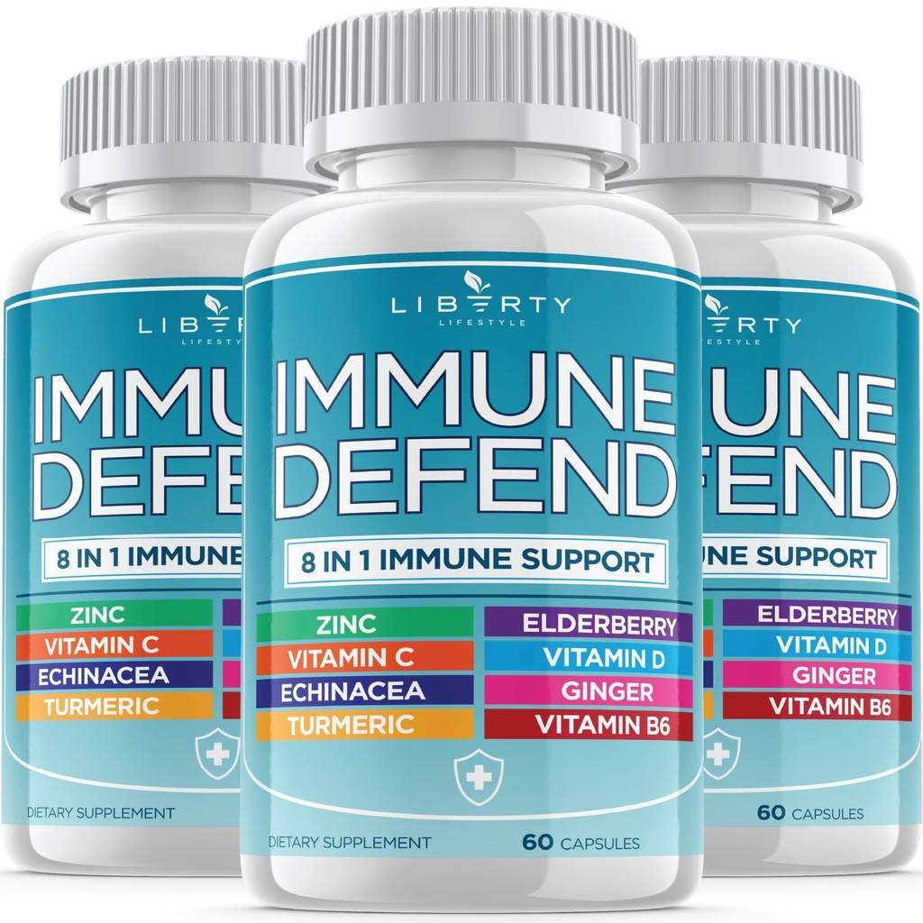 8 in 1 Immune Defense Support, Immunity Vitamins Supplement Booster koos Zinc 50mg, C-vitamiini Elderberry VIT D3 5000 IU, Kurkumiini ja Ingver, Echinacea - Allergia Relief Lastele Täiskasvanud