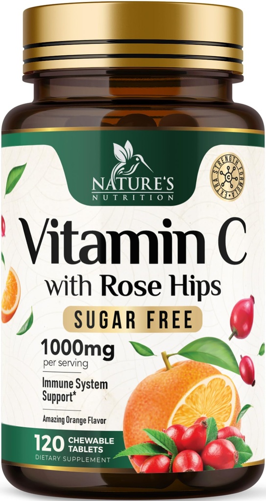 C-vitamiin närimistable 1000mg - ekstra tugevusega antioksüdandid võimsaks immuunsüsteemi toetuseks w / Vitamiin C & Rose HIPS - võimas dieet VIT C närimiskoe lisand, looduslik apelsini maitse, vegan, non-GMO - 120 tabletti