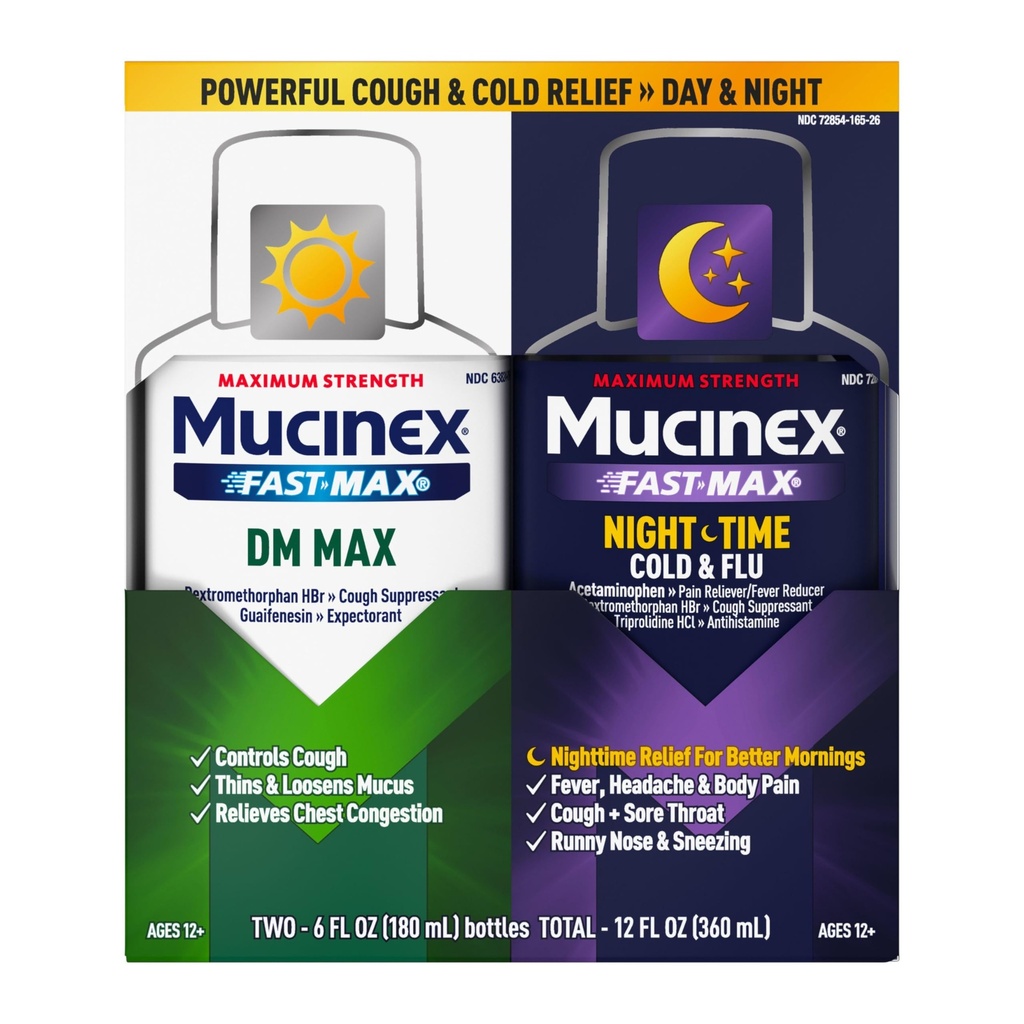 Maksimaalne tugevus Mucinex FastMax DM Max & Mucinex Nightshift Cold & Flu Vedelik (2 x 6 fl. oz.) Thins & Loosens lima, leevendab köha ja rindkere ummistusi, valu, palavik, aevastamine, valulik kurk, runny nina