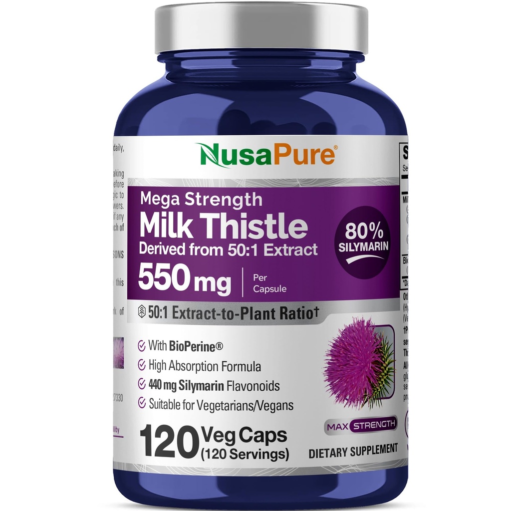 NusaPure Milk Thistle 50: 1 Ekstrakt , 550 mg , mis vastab 27 500 mg 120 Veggie Kapslid Mitte-GMO , Vegan Max Tugevus - Standarditud 80% Silymarin , Bioperine