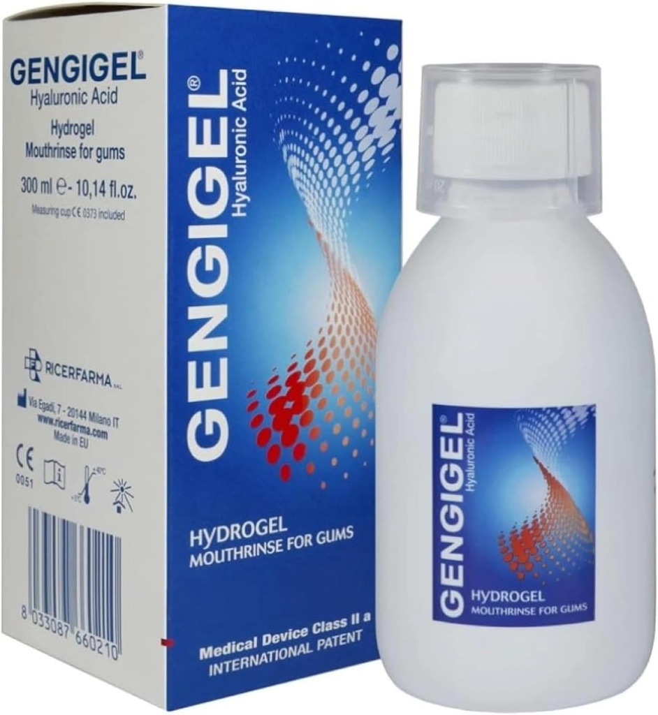 Gengigel Hüaluroonhappe suuõõne (300 ml), suuhooldusvahend igeme tervise jaoks, vähendab ebamugavust, aitab leevendada igeme langust ja igemepõletikku, ei alkoholi ega SLS-i, Vegan & Kosher