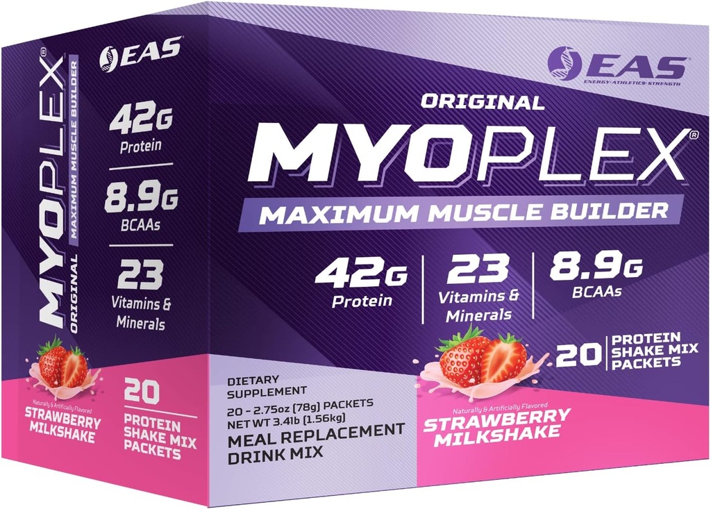 EAS Original Myoplex Maksimaalne lihaste ehitaja | Söögikorra asendamine Valgujoogisegu | Kvaliteetvalgu segu | 42 g valku | 20 üksikpakendit (Maasikas Piimakokteil)