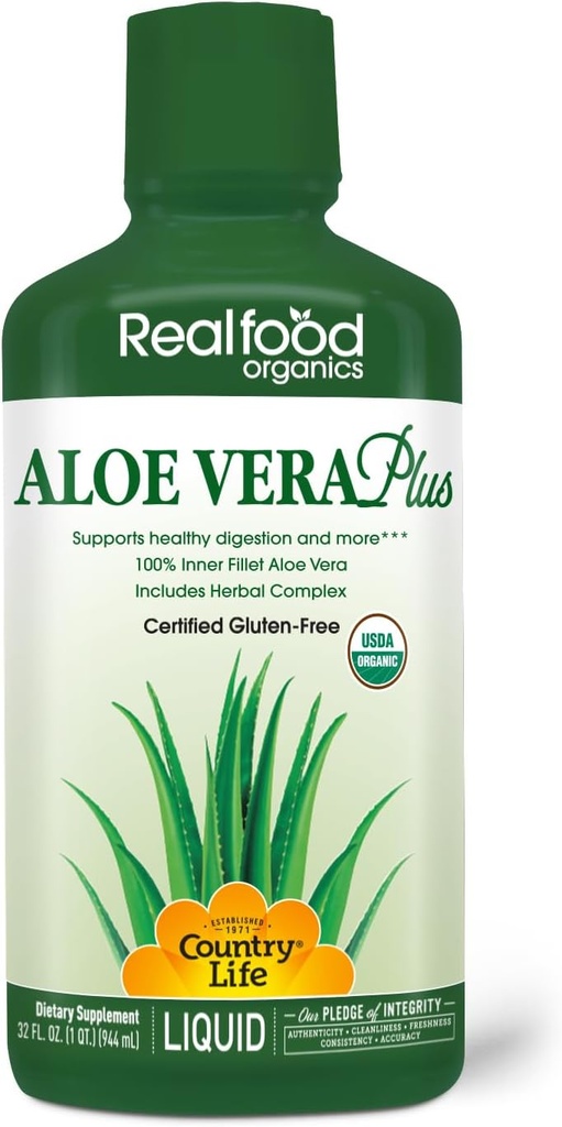 Country Life Realfood Organics Liquid Aloe Vera Plus - toetab seedetrakti tervist ja immuunsüsteemi - koos libeda Elmi, ingveri, kurkumi, piparmündi - orgaanilise ACTIValoe, Qmatrix protsessi - 32 oz