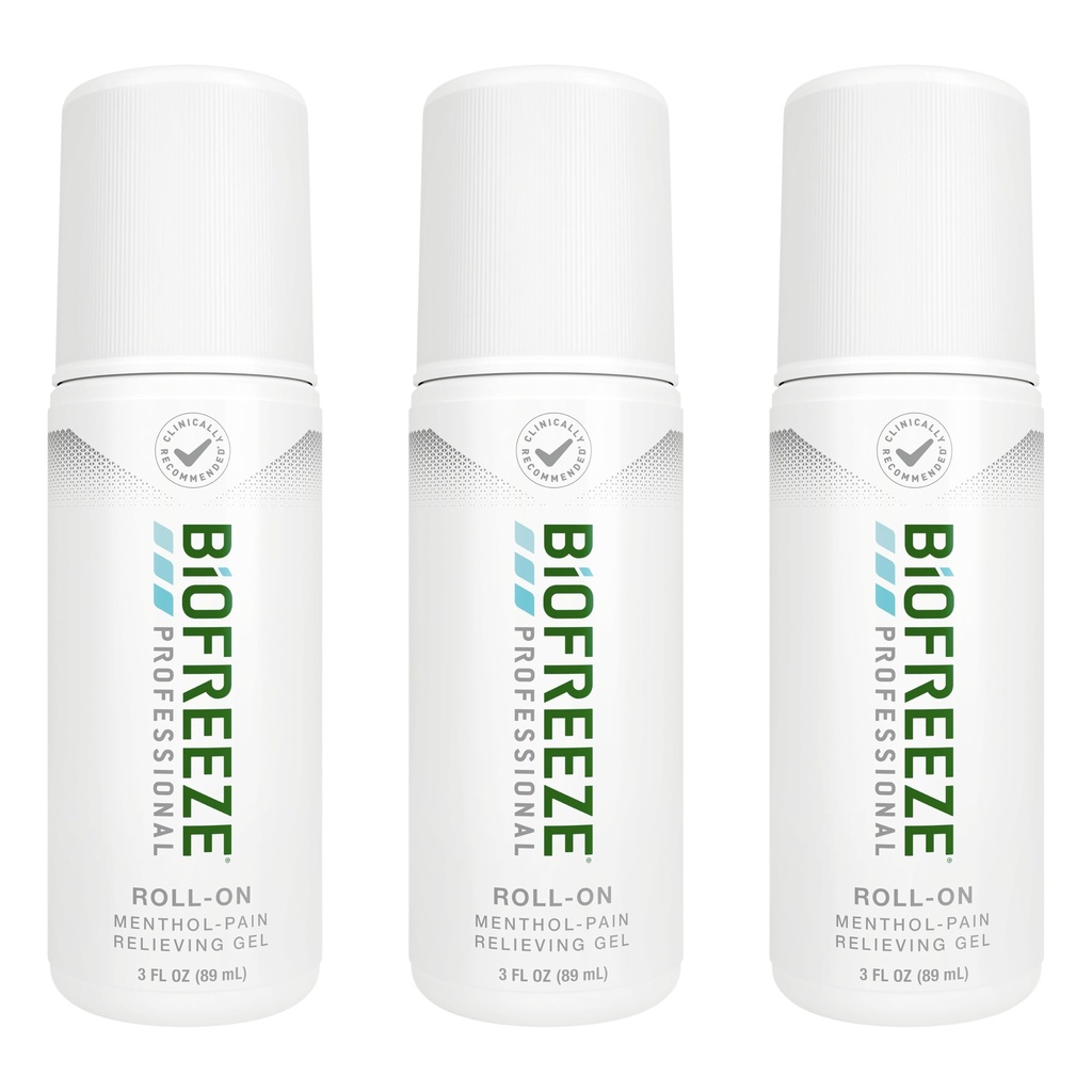 Biofreeze Professional Pain Relief Roll On põlvedele, kaelale, puusadele, liigestele ja õlale, Lihtne seljavalu Valu Reliever, valu lihaste leevendamine, Roll-On Menthol Gel 3 Fl Oz (3. pakk)