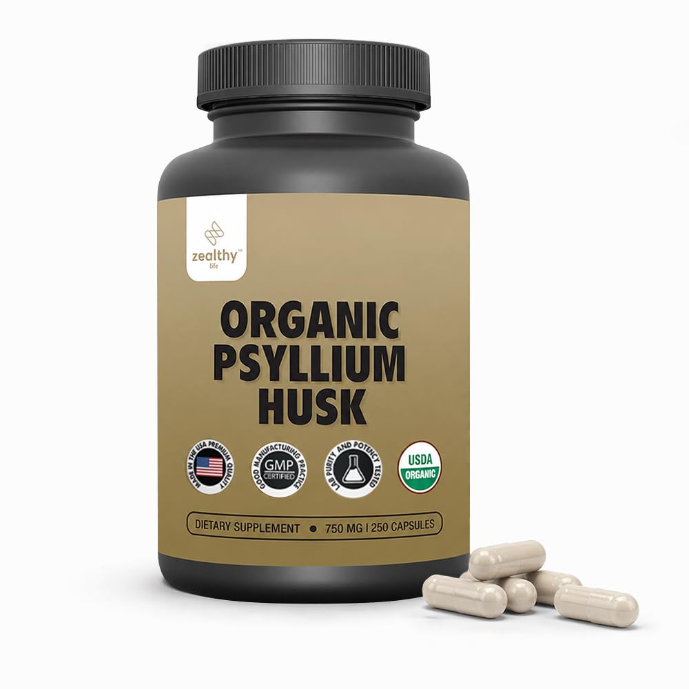 Orgaaniline Psyllium Husk kapslid 750 mg, Natural Fiber Supplement soolestiku tervisele * - alternatiiv Psyllium Husk Pulber, Zealthy Life, 250 kapslit