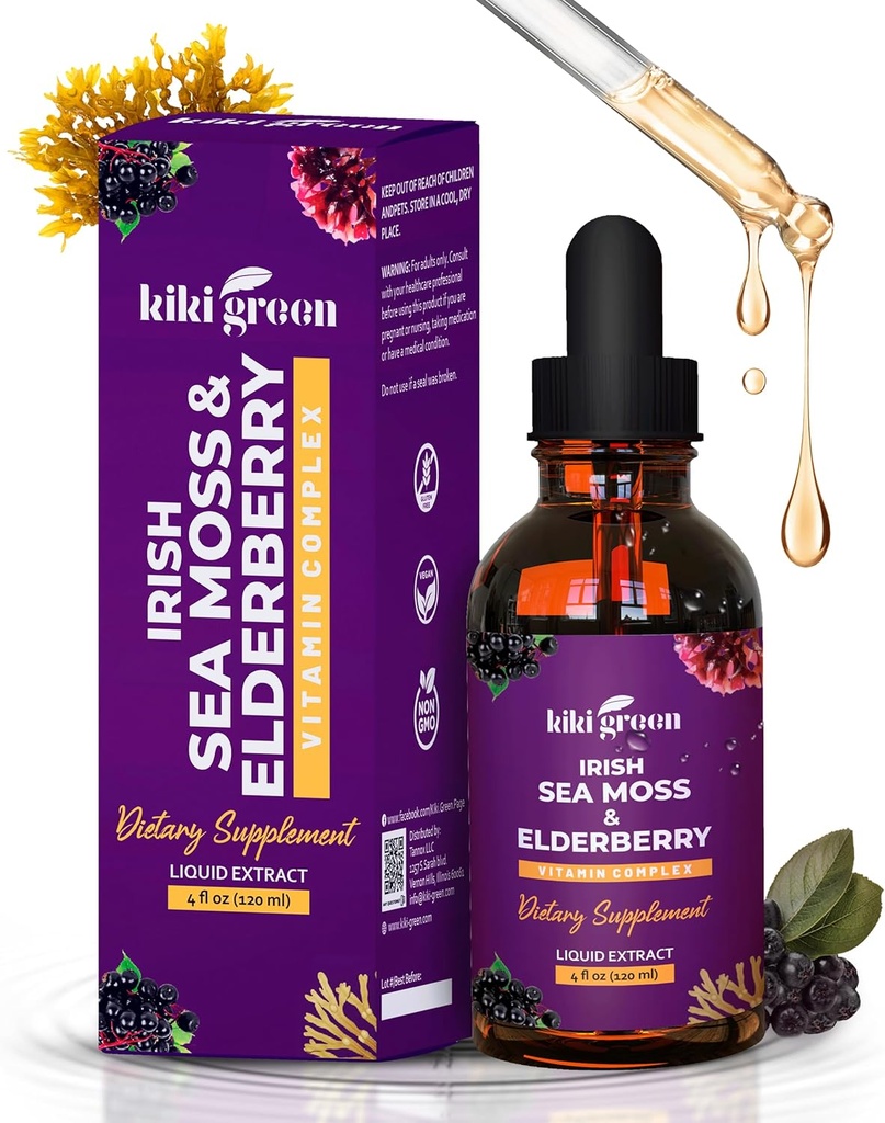 KIKI Green Liquid Irish Sea Moss + Elderberry Drops - Ultra Concentrated Sea Moss Supplement toorest Sea Moss ja Elderberry jaoks Immune Support, Health Support, 2 Fl Oz