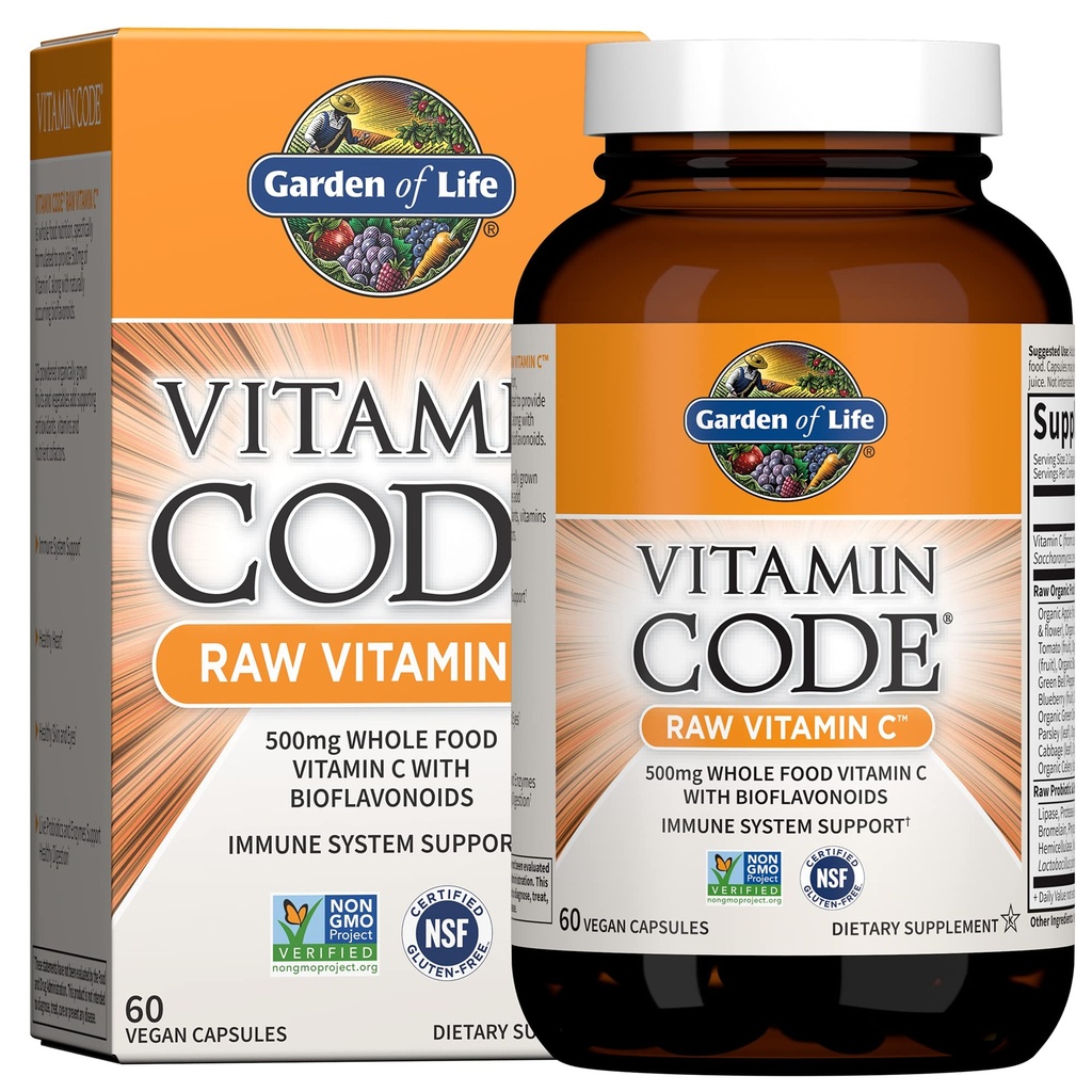 Eluaed Vitamiinikood Toores C-vitamiin - 60 kapslit, 500mg Terve toit C-vitamiini kapslid + Puu- ja köögiviljasegu & probiootikumid, täiskasvanute toidulisandid, Vegan, Gluteenivaba