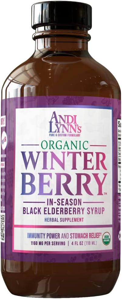 Andi Lynni Winterberry Black Elderberry Syrup - Sisaldab Black Elderberries, Kaneel, Ingver, Honey & Sidrun - Immune Support kogu perele - Orgaaniline & Great Maitsev Syrup 4oz