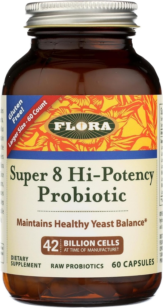 Flora - Super 8 Hi Potency Probiootikumid 60 Loe - Tervislik pärmi tasakaal ja seedetrakti tervis - meestele ja naistele - 42 miljardit CFU, toores, gluteenivaba - kuni 2 kuu pakkumine