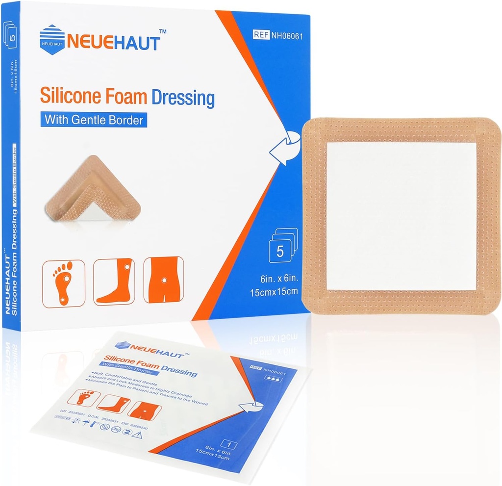 Silikoonvahu riietamine õrna liimiga 6 ''x6'', Voodi valulik surve Ulcer Leg Ulcer Silicone Haava Bandage, kõrge neelduvus Veekindel, 5 Pack by NeueHaut