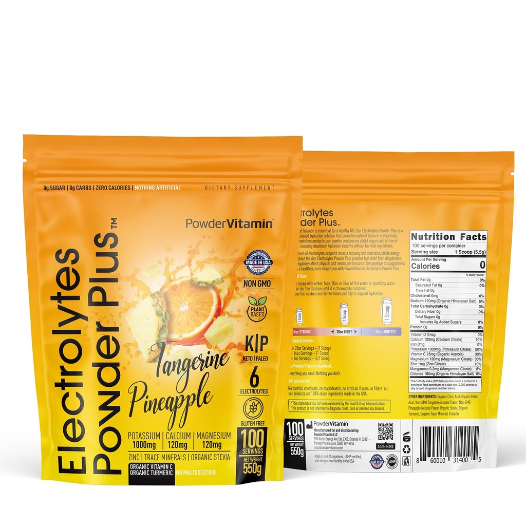 PowderVitamin Electrolytes Powder Plus (100 Servings) Tangerine Ananass Elektrolüüt Pulber Nullkalor Keto,0Sugar, No Maltodekstriin,1000mg Kaalium,120mg Kaltsium,120mg Magneesium, Hüdraat Pulber