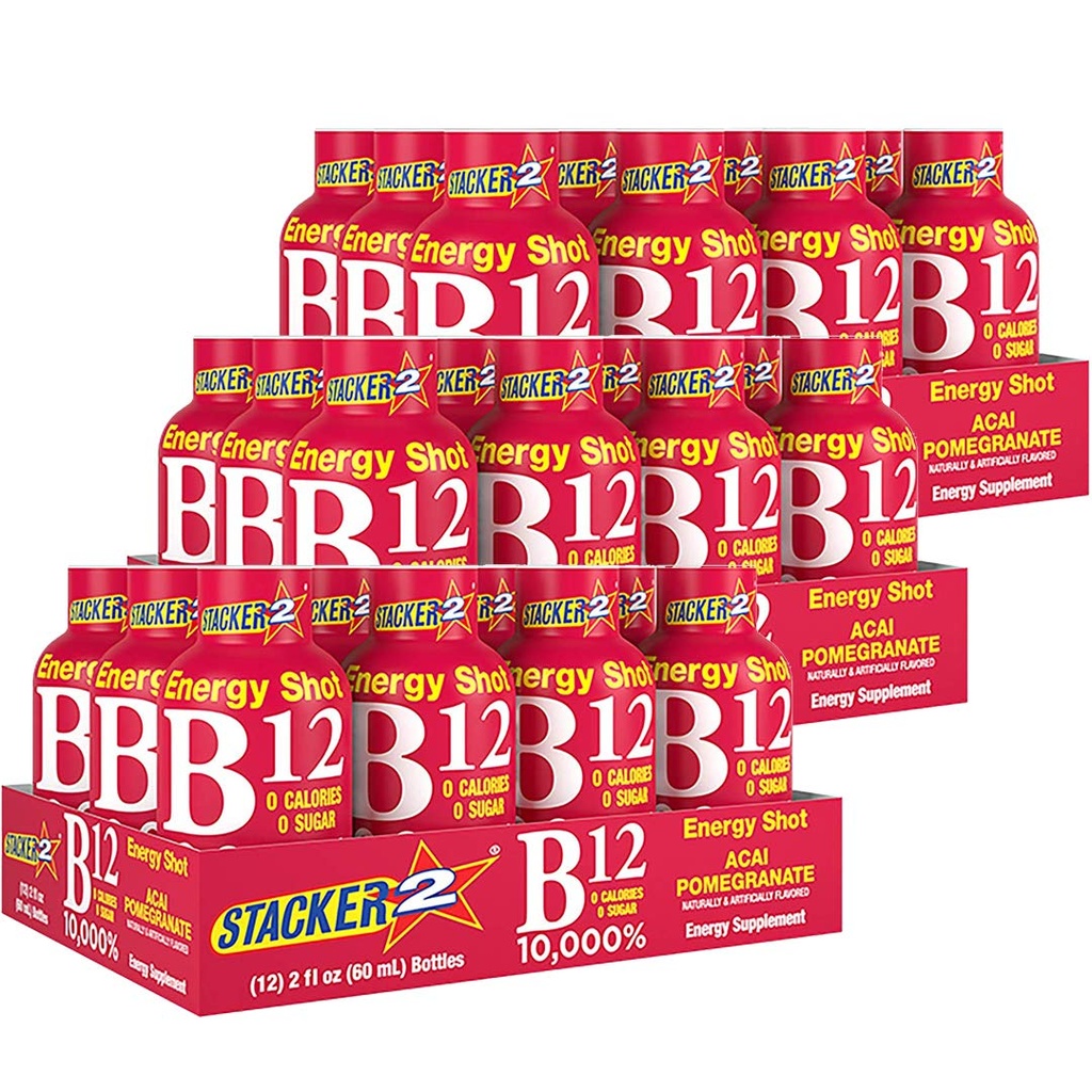 Stacker 2 Vitamiin B kompleks B12 B6 B3 Vedel energia Shots - Acai & granaatõuna - tsüanokobalamiin, 10 000% DRV - B-6 Püridoksiin 40mg - B3 Niatsiinamiid (Niatsiin) 20mg - BASED BOX Bundle (2oz, pakend 36)