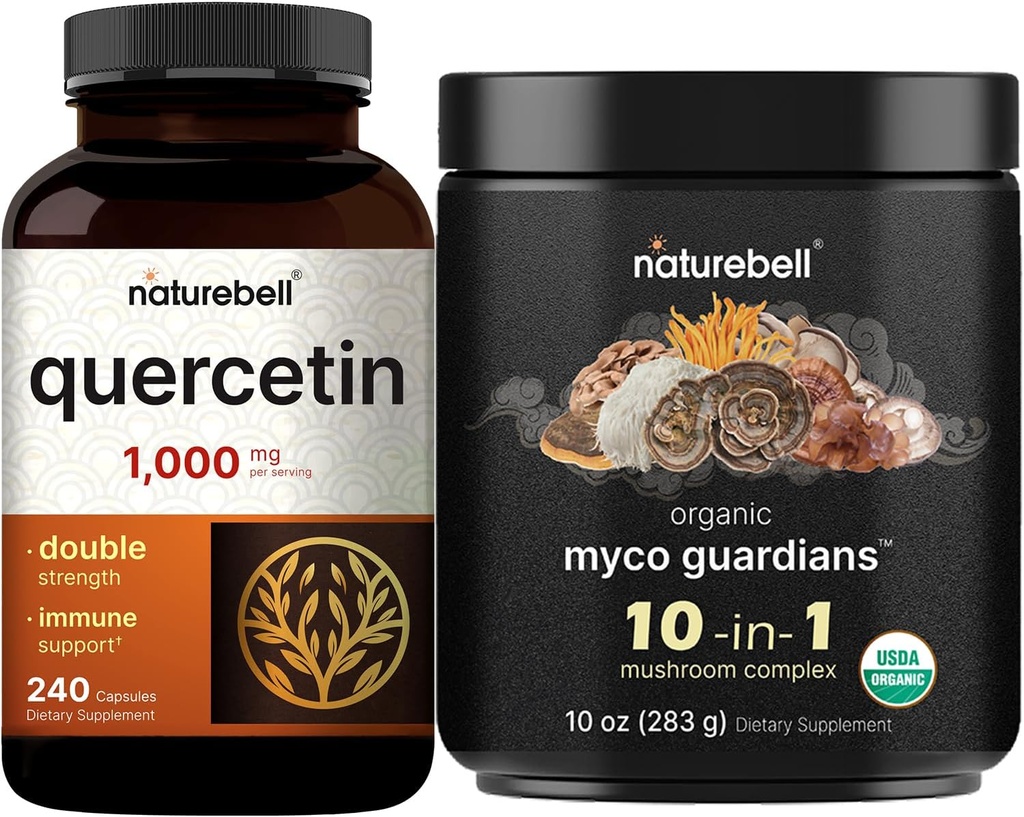 NatureBell Quercetin 1000mg per Server & 10 in 1 seenepulber, 10oz komplekti pakend | Ultra tugevusega Quercetin Supplement | Immuunsüsteemi tugevdaja & aju tervise tugi