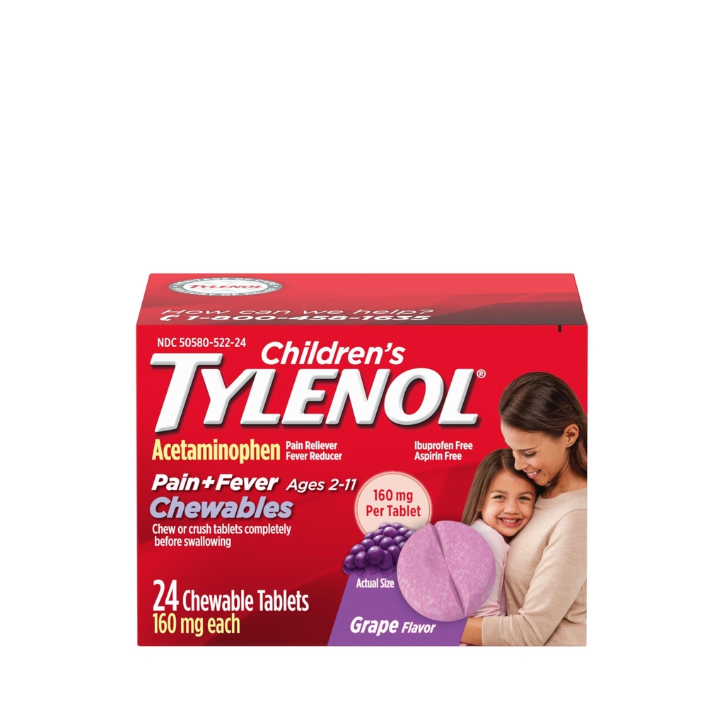 Laste Tylenol närimistables 160 mg atsetaminofeeni, valu leevendaja ja palaviku vähendaja laste külma + gripi sümptomid, peavalu, valulik kurk ja hambavalu, aspiriinivaba, viinamarjamaitse, 24 ct