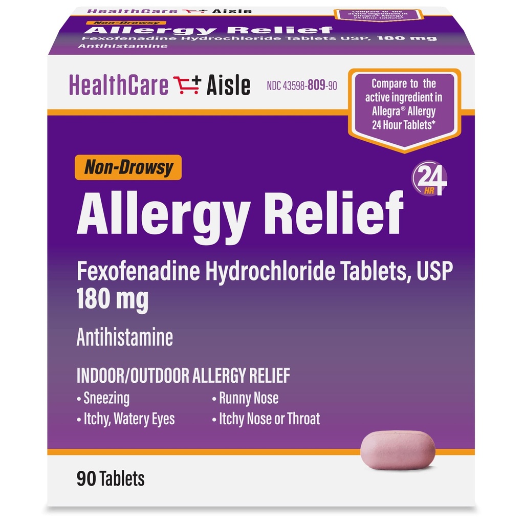 HealthCareAisle Allergia Relief - Feksofenadiinvesinikkloriidi tabletid USP, 180 mg, 90 tabletti, allergiaravimid, mitteuimas 24-tunnine kergendus