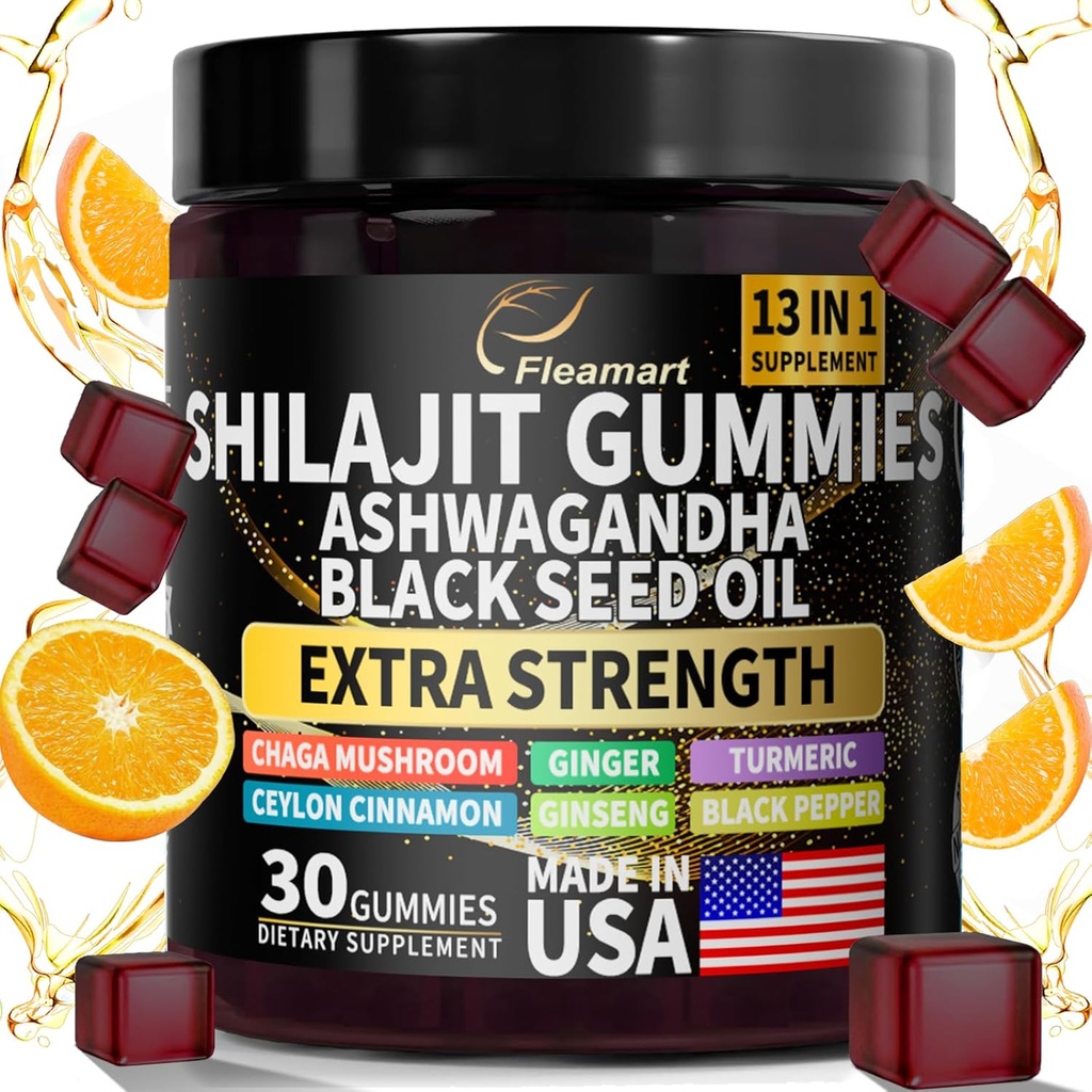 Shilajit Gummies, Shilajit Pure Himalayan Gummies koos Ashwagandha, Black Seeme Oil, Sugar Free Shilajit Gummies meestele ja naistele, 30 Count, Orange Maitse