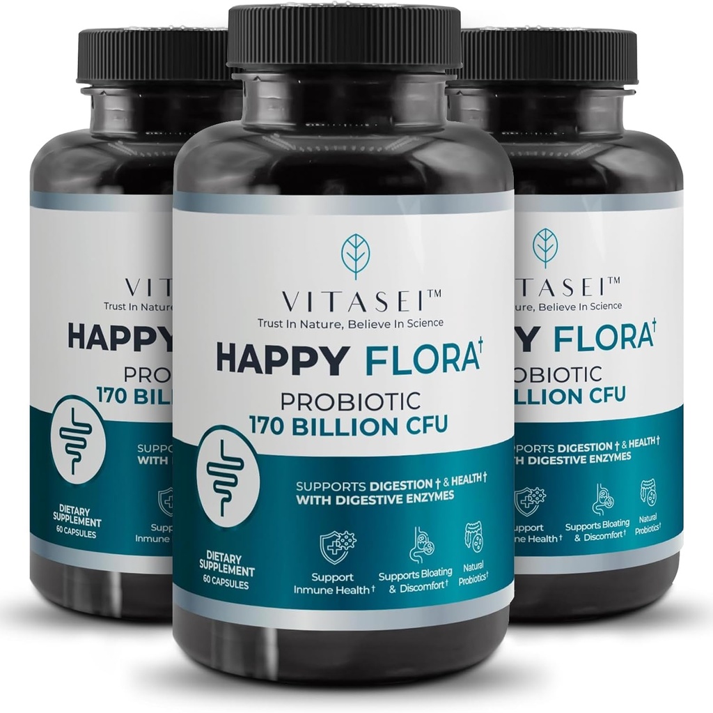 VITASEI Happy Flora, probiootiline täiendus 170 miljardit CFU tervisliku soolestiku tervise jaoks koos seedetrakti ensüümidega, probiootikumid naistele ja meestele, 3 pudelit - 180 kapslit